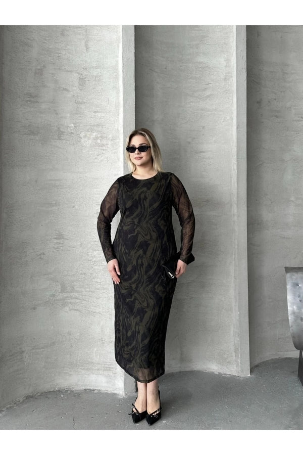 Büyük Beden Uzun Tül Kol Astarlı Mesh Midi Elbise 216292 Vervegrand