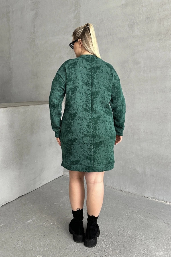 Büyük Beden Uzun Kollu Bisiklet Yaka Cepli Desenli Elbise 106-77 Vervegrand