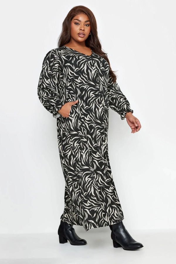 Büyük Beden Zebra Desenli Uzun Kollu Cepli V Yaka Uzun Elbise 137669 Vervegrand