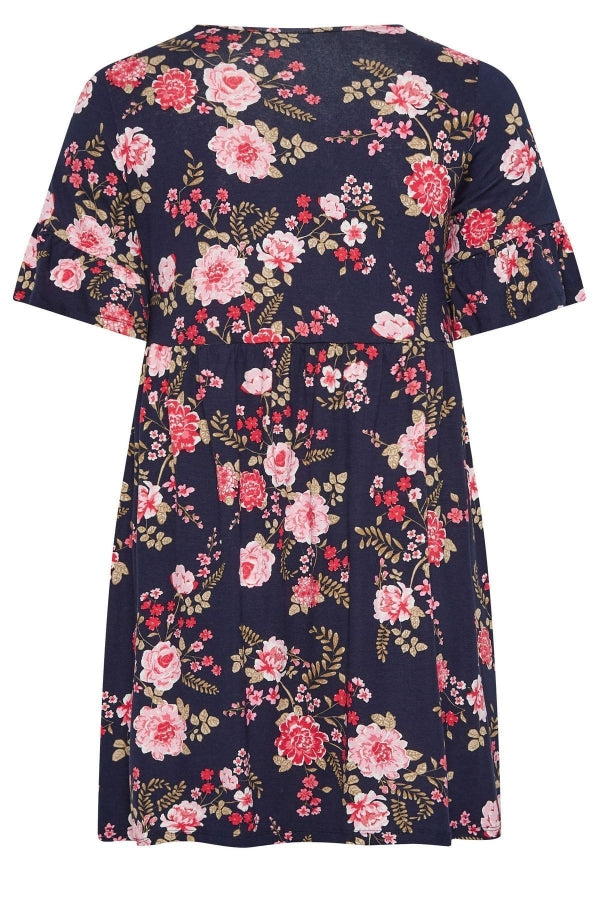 Büyük Beden Desenli Fırfırlı Yarım Kol Likralı Kısa Elbise 302357 Vervegrand