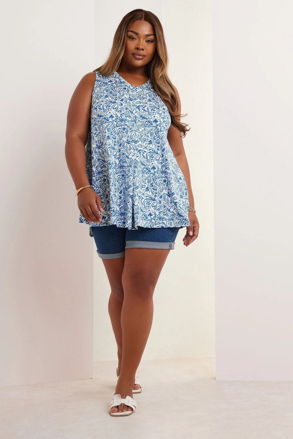 Büyük Beden V Yaka Önü Pileli Kolsuz Çiçek Desenli T-shirt 322684 Vervegrand