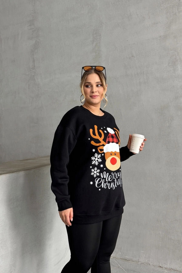 Büyük Beden Yılbaşı Temalı Bisiklet Yaka Uzun Kollu Sweatshirt 303817 Vervegrand