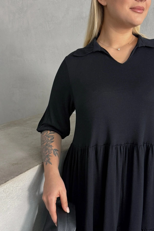 Büyük Beden V Yaka Yarım Kollu Beli Lastikli Uzun Elbise 302150 Vervegrand