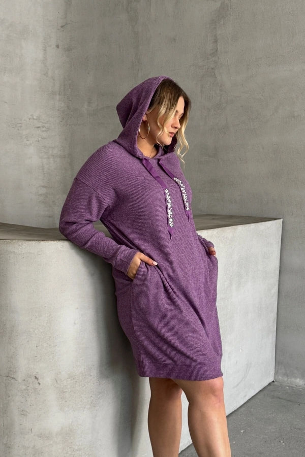 Büyük Beden Kapüşonlu Boncuk İşlemeli Cepli Sweatshirt Elbise 301802 Vervegrand
