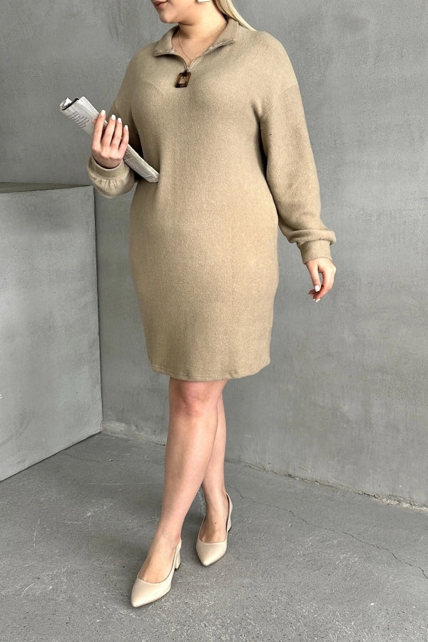 Büyük Beden Uzun Kollu Yumuşak Dokulu Yakası Fermuarlı Triko Elbise 106-37 Vervegrand