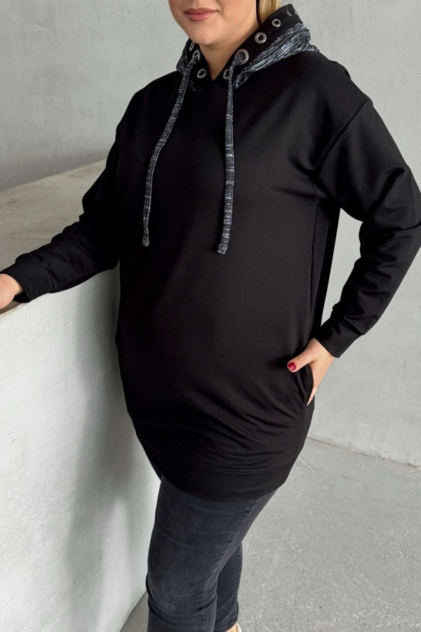 Büyük Beden Uzun Kollu Kapüşonu Desenli Cepli Sweatshirt 106-92 Vervegrand