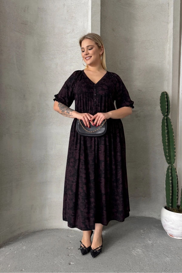 Büyük Beden Kısa Kollu V Yaka Önü Düğmeli Beli Lastikli Elbise 303699 Vervegrand