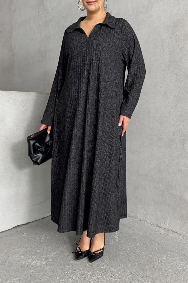 Büyük Beden V Yaka Uzun Kollu Fitilli Eteği Bollaşan Uzun Elbise 322181 Vervegrand