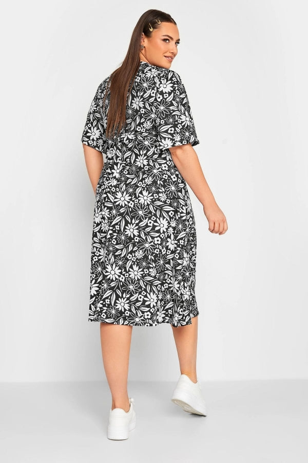 Büyük Beden Çiçek Desenli Yarım Kollu Kuşaklı V Yaka Midi Elbise 215827 Vervegrand