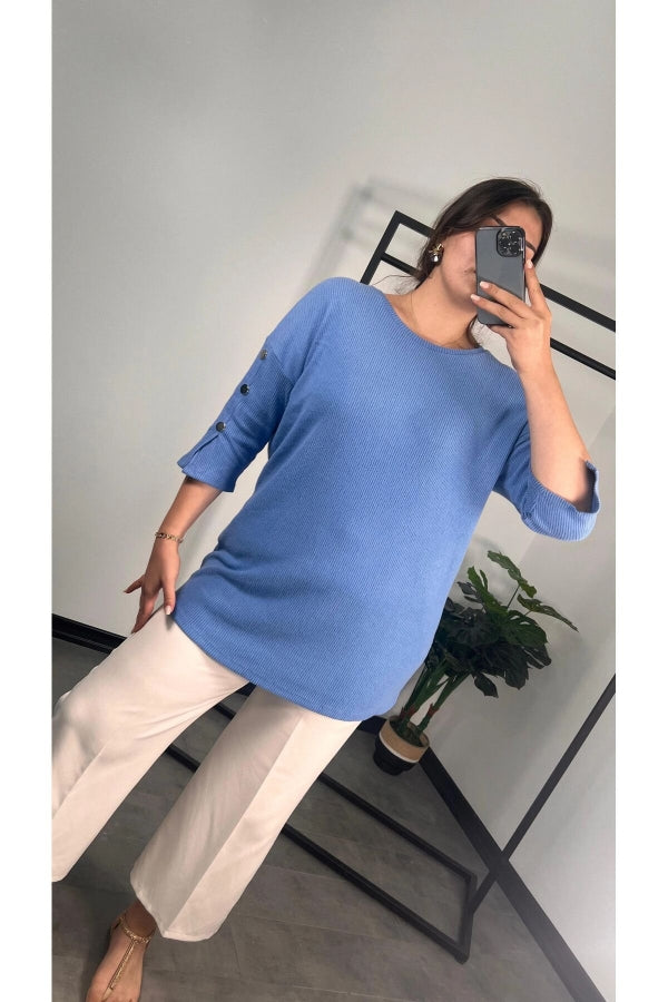 Büyük Beden Bisiklet Yaka Yarım Kollu Düğme Detaylı Bluz 301597 Vervegrand