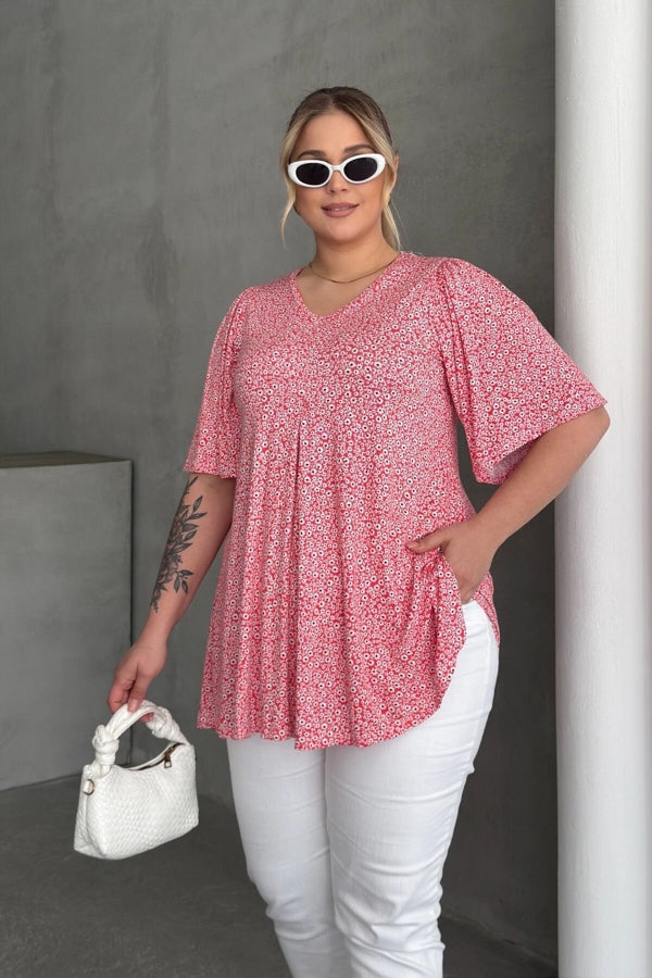 Büyük Beden V Yaka Kısa Kollu Eteği Bollaşan Desenli Bluz 98-5 Vervegrand