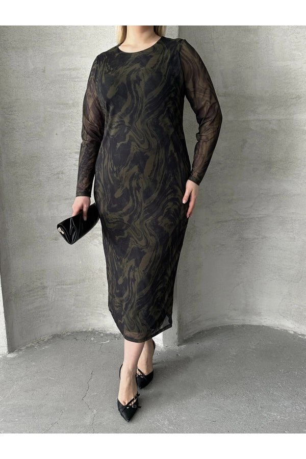 Büyük Beden Uzun Tül Kol Astarlı Mesh Midi Elbise 216292 Vervegrand