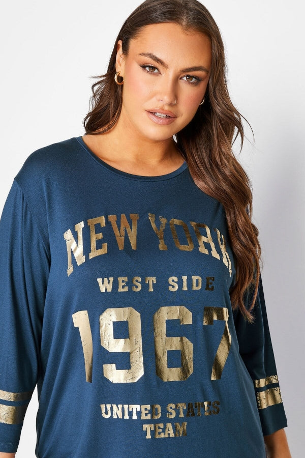 Büyük Beden Fakir Kol Metalik Yazı Baskılı Bisiklet Yaka Bluz 301399 Vervegrand