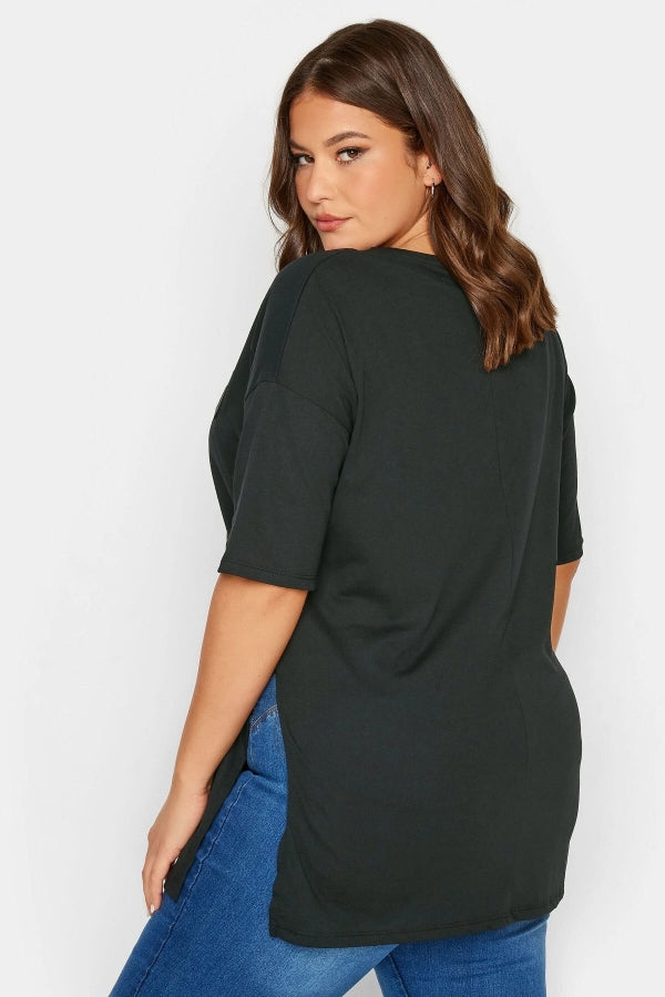 Büyük Beden Yırtmaç Detaylı Kabartma Detaylı Bisiklet Yaka Yarım Kollu T-shirt 302201 Vervegrand