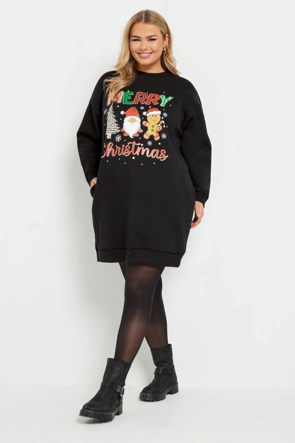 Vervegrand büyük beden siyah yılbaşı temalı sweatshirt elbise