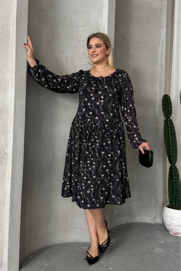 Büyük Beden Uzun Kollu Yakası Bağlama Detaylı Desenli Elbise 100-73 Vervegrand