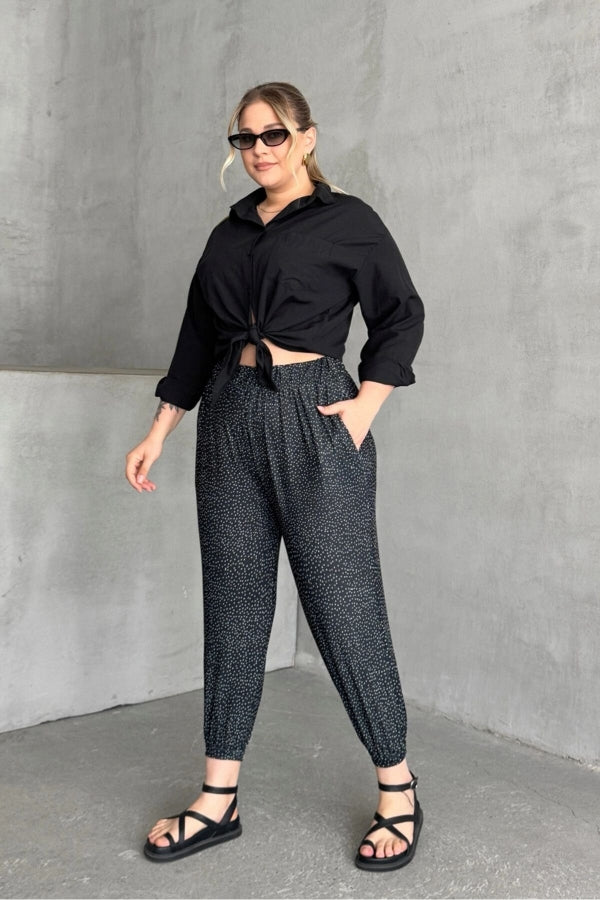 Büyük Beden Beli ve Paçası Lastikli Cepli Desenli Şalvar Pantolon 74-73 Vervegrand