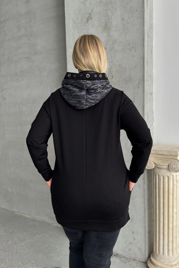 Büyük Beden Uzun Kollu Kapüşonu Desenli Cepli Sweatshirt 106-92 Vervegrand