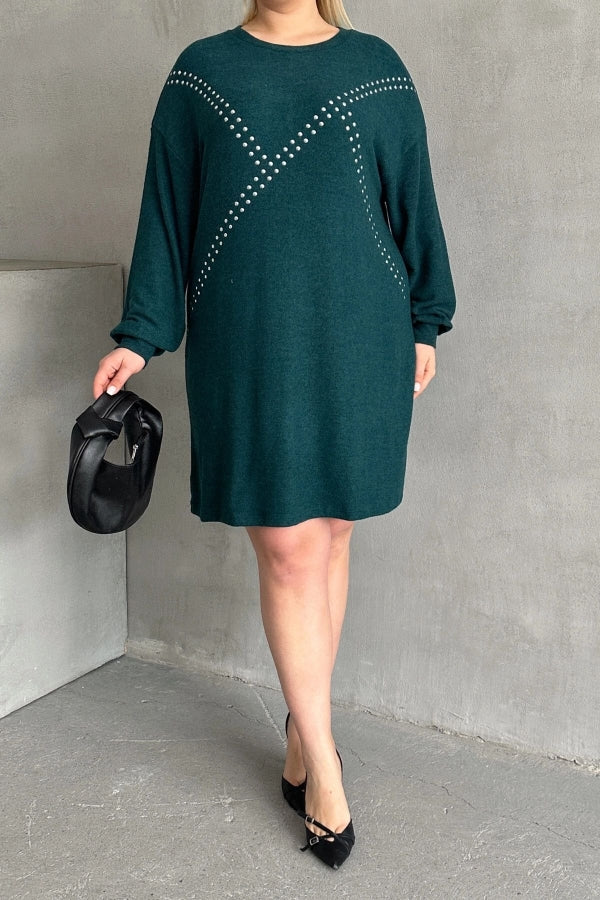 Büyük Beden Uzun Kollu Yumuşak Dokulu Taş İşlemeli Triko Elbise 285040 Vervegrand