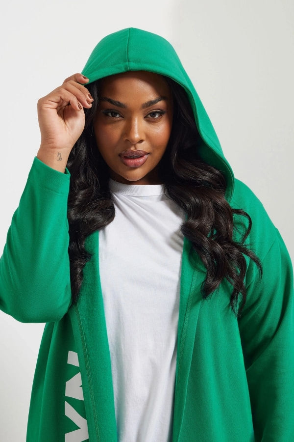 Büyük Beden Kapüşonlu Uzun Kollu Yazı Baskılı Cepsiz Hırka 303984 Vervegrand