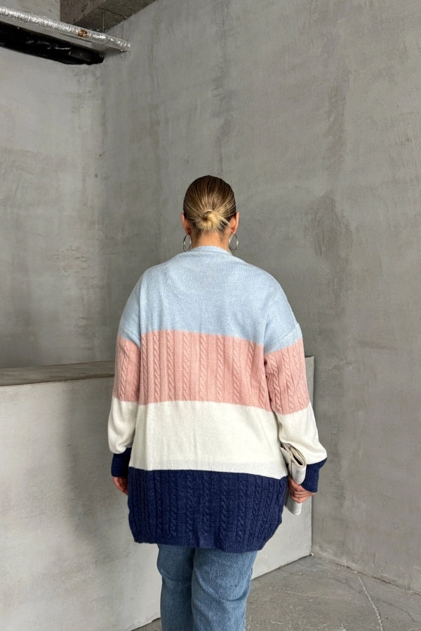 Büyük Beden Uzun Kollu Önü Kapamasız Renk Bloklu Triko Hırka 302147 Vervegrand