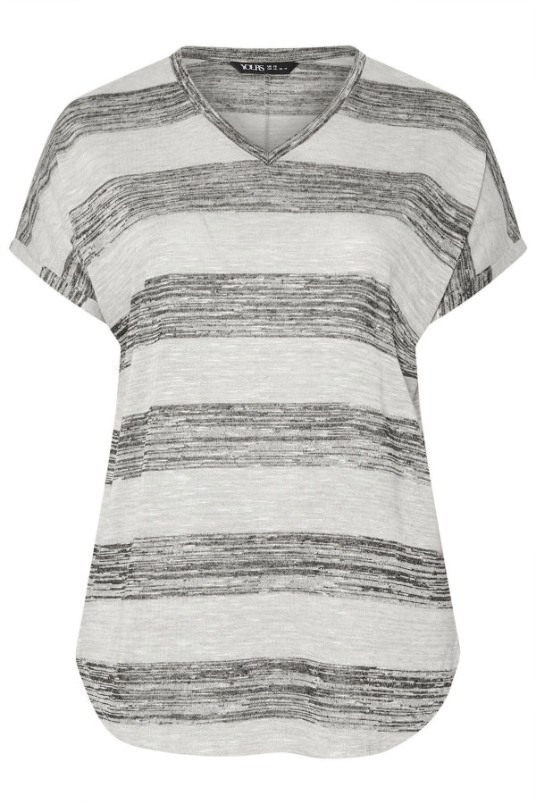 Büyük Beden Kısa Kol V Yaka Eteği Oval Kesim Çizgili Bluz 303993 Vervegrand