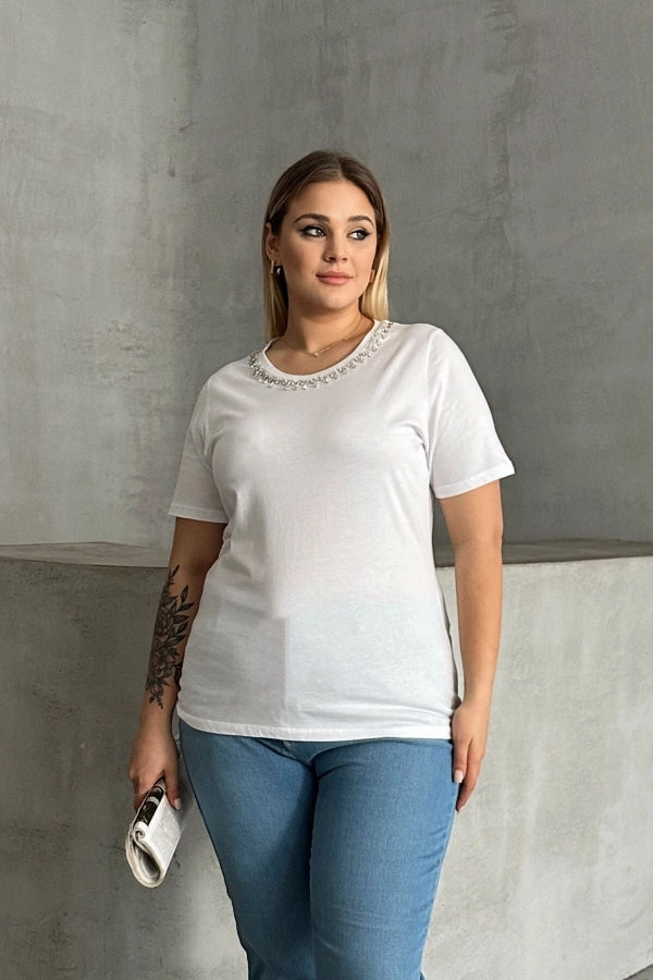 Büyük Beden Bisiklet Yaka Yakası Taş Detaylı Basic T-shirt SD-1064 Vervegrand