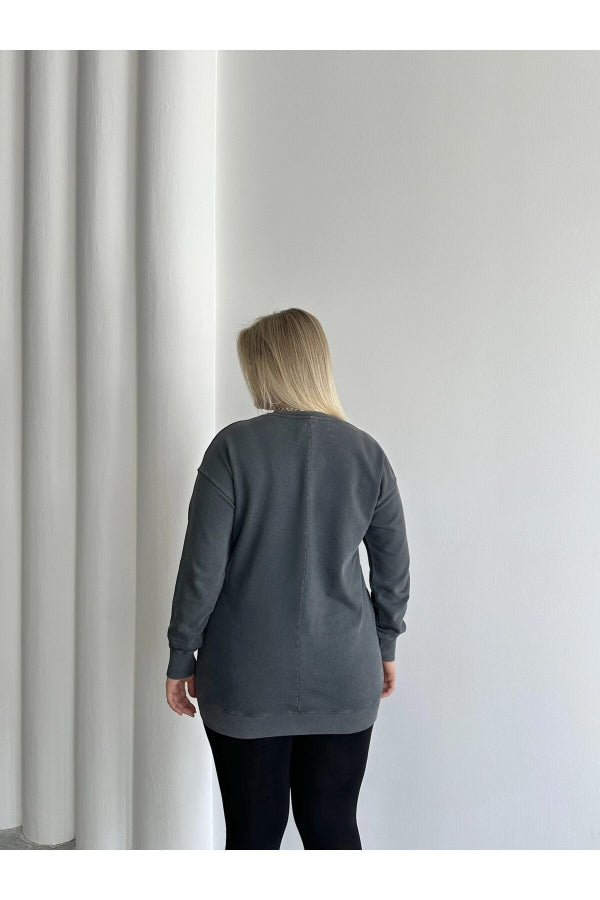 Büyük Beden Bisiklet Yaka Baskılı Pul Detaylı Yıkamalı Sweatshirt 301252 Vervegrand