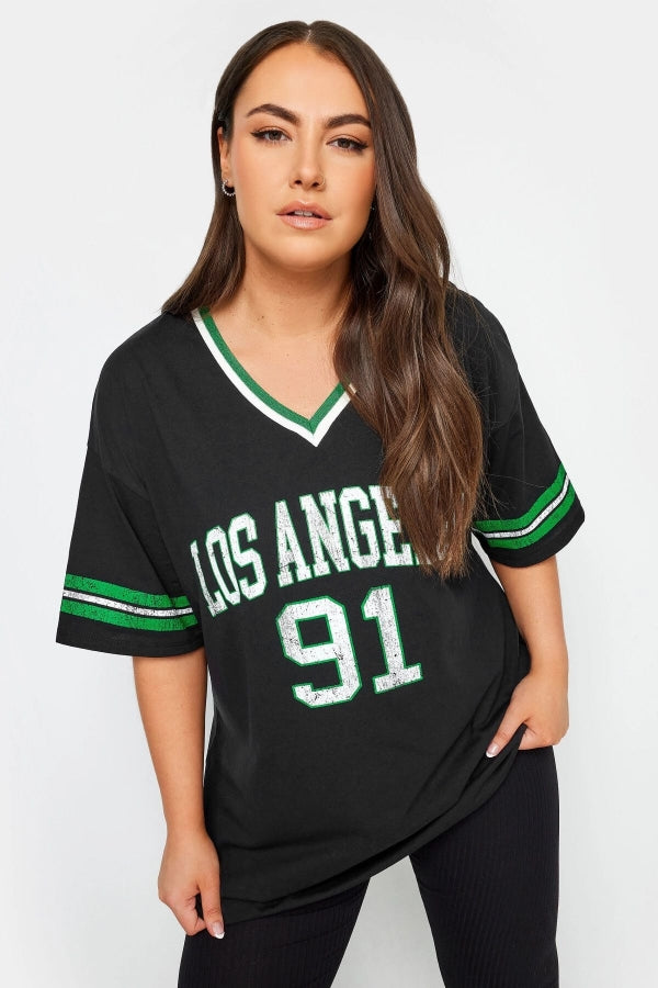 Vervegrand büyük beden siyah Los Angeles baskılı V yaka t-shirt ön görünüm
