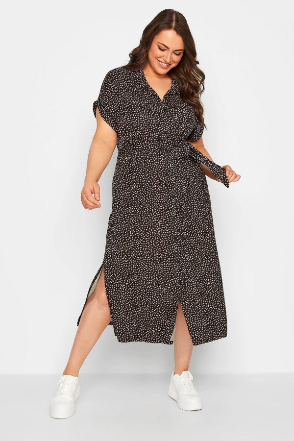 Büyük Beden Yırtmaç Detaylı Beli Kuşaklı Likralı Düğmeli Elbise 137433 Vervegrand