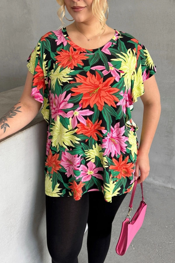 Büyük Beden Bisiklet Yaka Kolları Fırfır Detaylı Çiçek Desenli Bluz 1060 Vervegrand