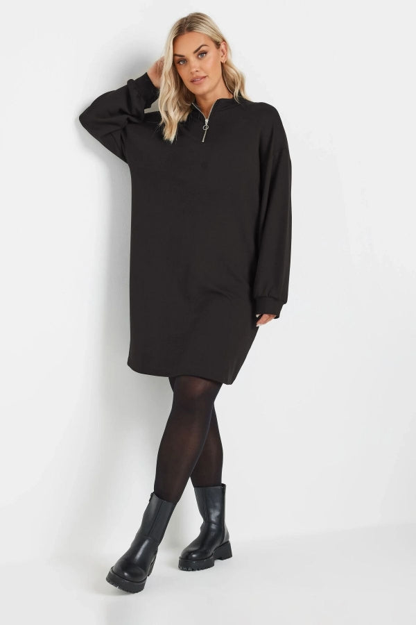 Büyük Beden Yumuşak Dokulu Uzun Kollu Yakası Fermuarlı Kısa Elbise 303760 Vervegrand