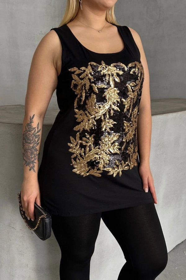 Büyük Beden Bisiklet Yaka Kolsuz Payetli Bluz 303102 Vervegrand