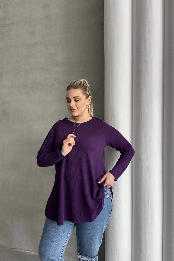 Büyük Beden Uzun Kollu Bisiklet Yaka Fitilli Bluz 100-123 Vervegrand