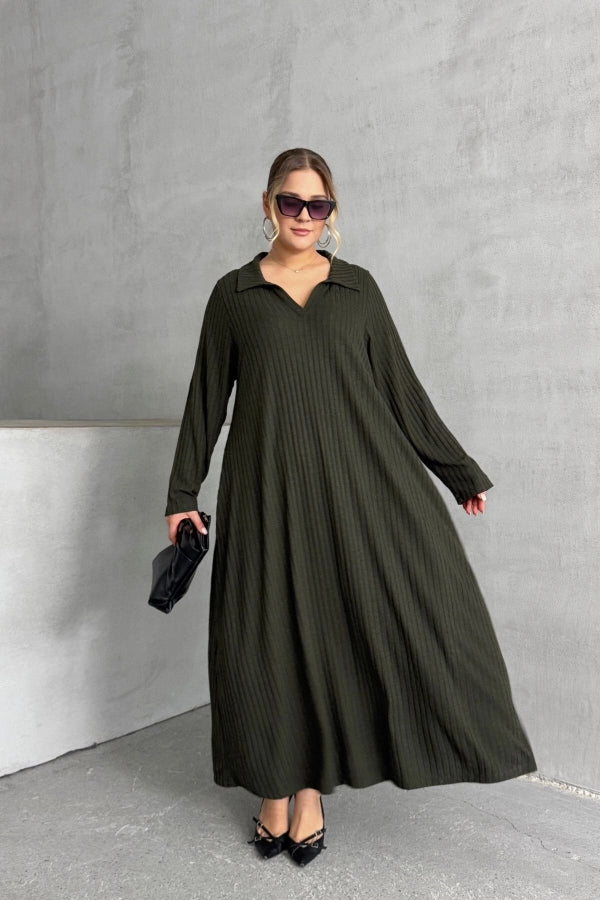 Büyük Beden V Yaka Uzun Kollu Fitilli Eteği Bollaşan Uzun Elbise 322182 Vervegrand