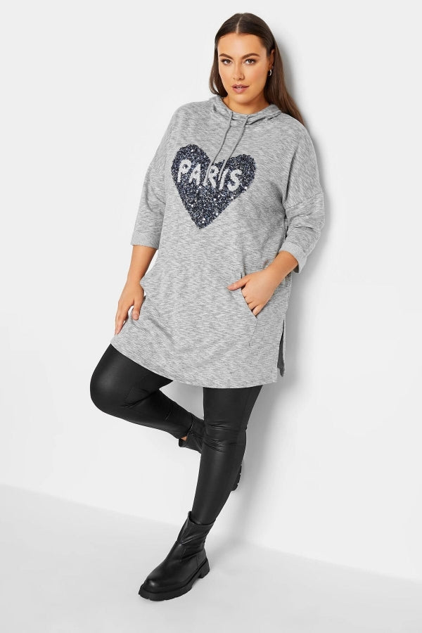 Büyük Beden Kapüşonlu Yırtmaç Detaylı Önü Cepli Payet İşlemeli Uzun Kollu Sweatshirt 301644 Vervegrand