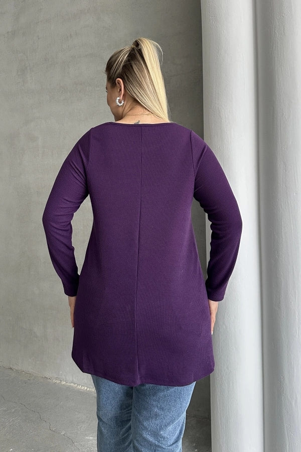 Büyük Beden Uzun Kollu Bisiklet Yaka Fitilli Bluz 100-123 Vervegrand