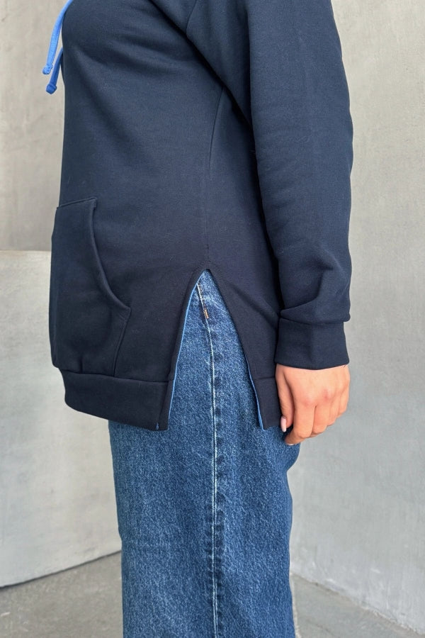 Büyük Beden Uzun Kollu Kapüşonlu Kanguru Cepli Yanları Yırtmaçlı Sweatshirt 303850 Vervegrand