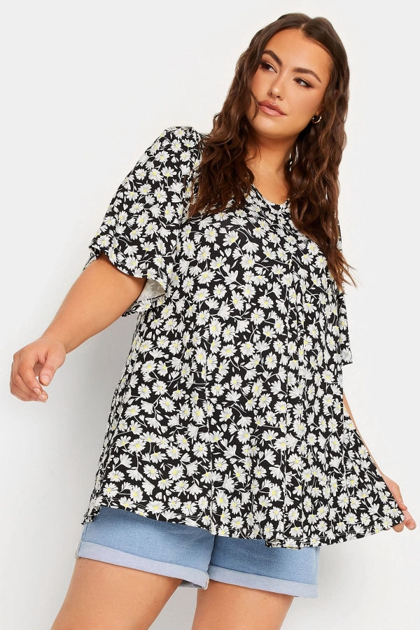 Büyük Beden V Yaka Çiçek Desenli Asimetrik Kesim Likralı Bluz 320978 Vervegrand