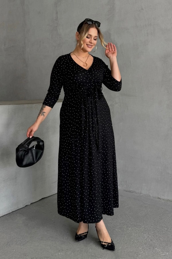 Büyük Beden V Yaka Yarım Kollu Kuşaklı Puantiye Desenli Elbise 302639 Vervegrand