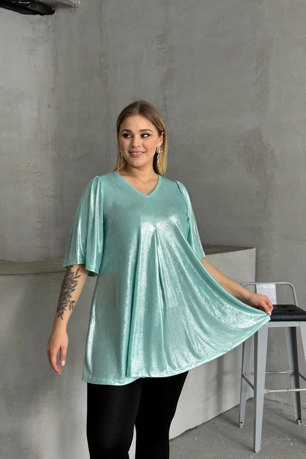 Büyük Beden V Yaka Kısa Kollu Parlak Görünümlü Bluz 303379 Vervegrand