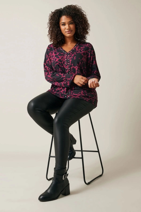 Büyük Beden V Yaka Uzun Kollu Taş Detaylı Desenli Bluz 615713 Vervegrand