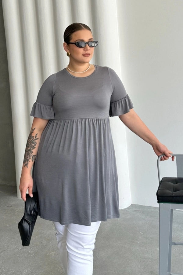 Büyük Beden Kol Detaylı Beli Lastikli Pileli Tunik T-shirt T43 Vervegrand