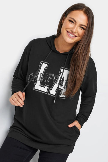 Büyük Beden Kapüşonlu Payet Ve Yazı Detaylı Uzun Kollu Cepli Sweatshirt 302568 Vervegrand