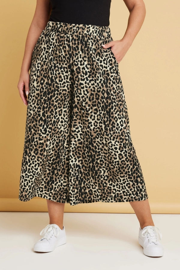 Büyük Beden Beli Lastikli Cepli Leopar Desenli Midi Bol Paça Pantolon 145267 Vervegrand