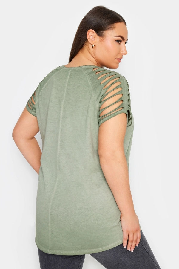 Büyük Beden Bisiklet Yaka Kol ve Omuz Detaylı Baskılı T-shirt 302895 Vervegrand