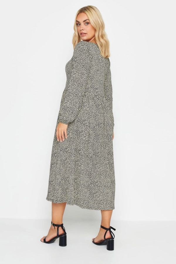 Büyük Beden Yakası Bağlama Detaylı Uzun Kollu Leopar Desenli Elbise 137780 Vervegrand