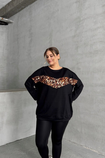 Büyük Beden Bisiklet Yaka Uzun Kollu Leopar Desenli Sweatshirt 300335 Vervegrand