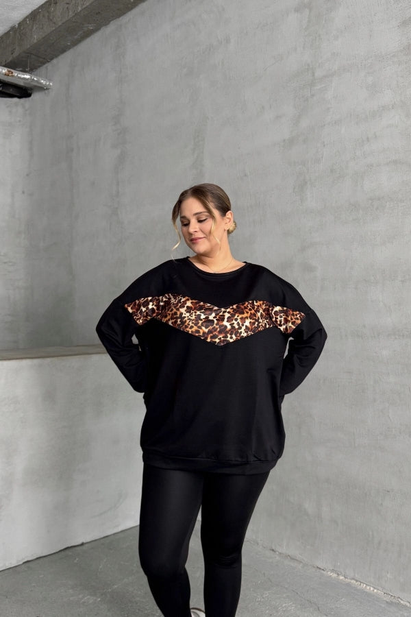 Büyük Beden Bisiklet Yaka Uzun Kollu Leopar Desenli Sweatshirt 300335 Vervegrand