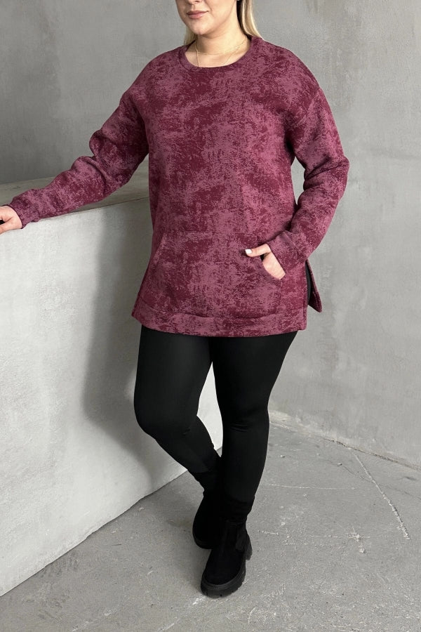 Büyük Beden Uzun Kollu Bisiklet Yaka Önü Cepli Desenli Sweatshirt 106-78 Vervegrand